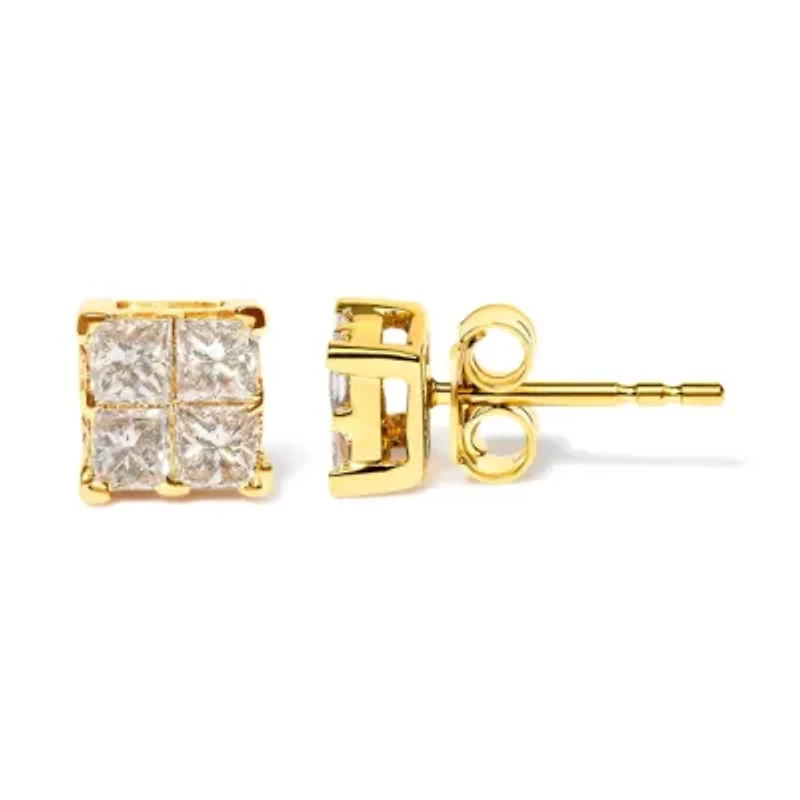 14K Yellow Gold 3/4 Ct Invisible Princess 4 Stone Square Stud Earrings