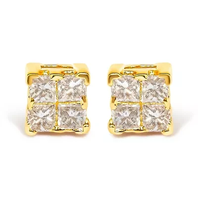 14K Yellow Gold 1/4 Ct Invisible Princess Square Stud Earring