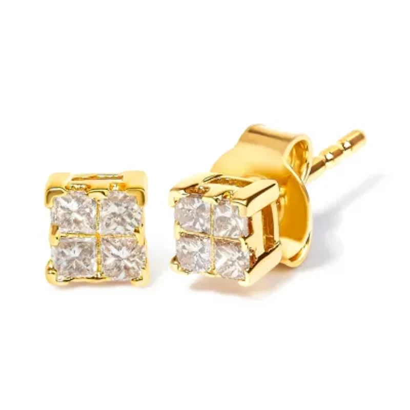 14K Yellow Gold 1/4 Ct Invisible Princess Square Stud Earring