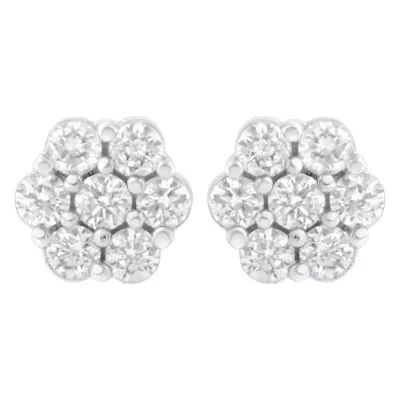 14K White Gold 3/4 Ct 7 Stone Floral Cluster Diamond Stud Earrings