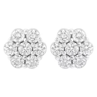 14K White Gold 3/4 Ct 7 Stone Floral Cluster Diamond Stud Earrings