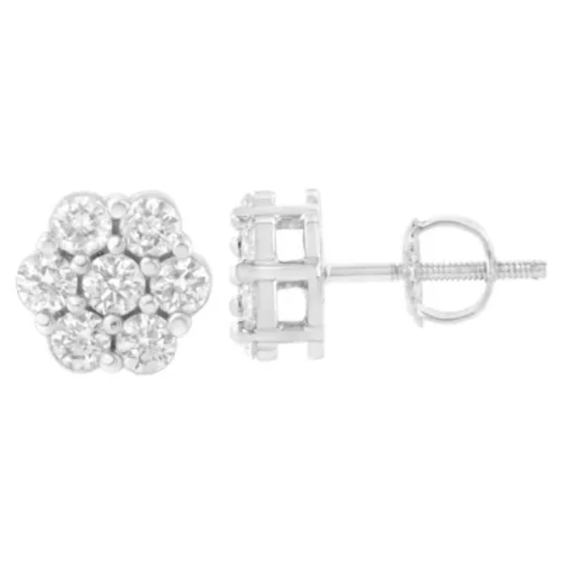 14K White Gold 3/4 Ct 7 Stone Floral Cluster Diamond Stud Earrings