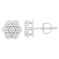 14K White Gold 3/4 Ct 7 Stone Floral Cluster Diamond Stud Earrings