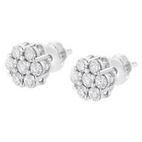 14K White Gold 3/4 Ct 7 Stone Floral Cluster Diamond Stud Earrings