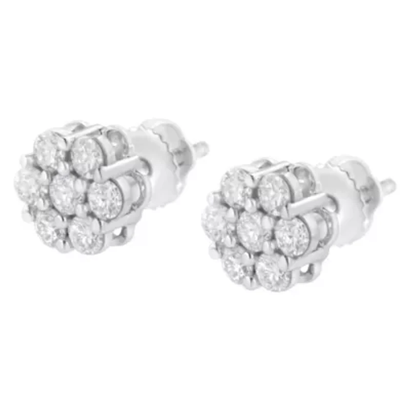 14K White Gold 3/4 Ct 7 Stone Floral Cluster Diamond Stud Earrings