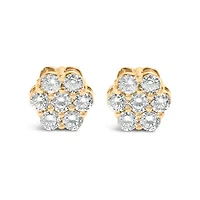 14K Yellow Gold 3/4 Ct 7 Stone Floral Cluster Diamond Stud Earrings