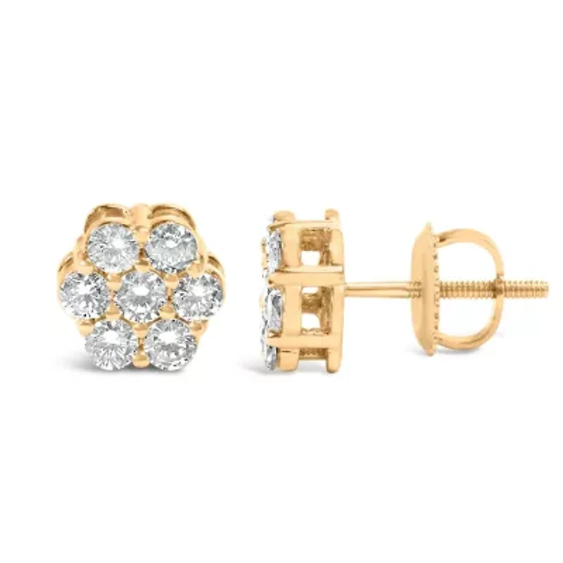 14K Yellow Gold 3/4 Ct 7 Stone Floral Cluster Diamond Stud Earrings