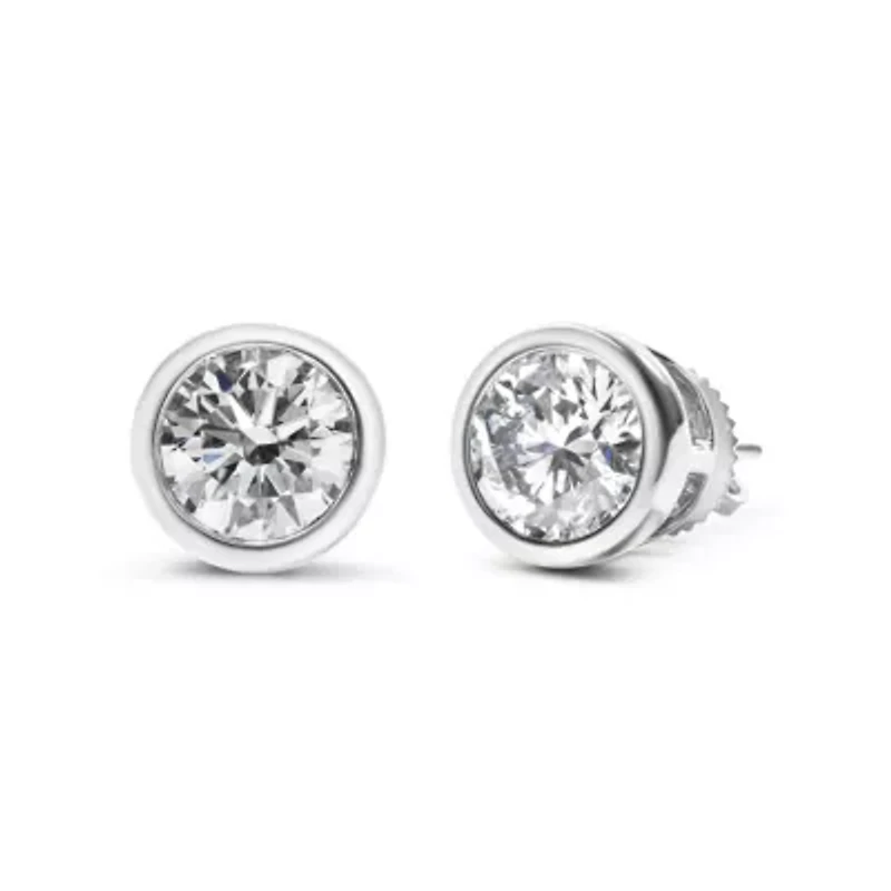Lab Created 14K White Gold 2.0 Ct Lab Grown Diamond Classic Bezel Solitaire Stud Earrings