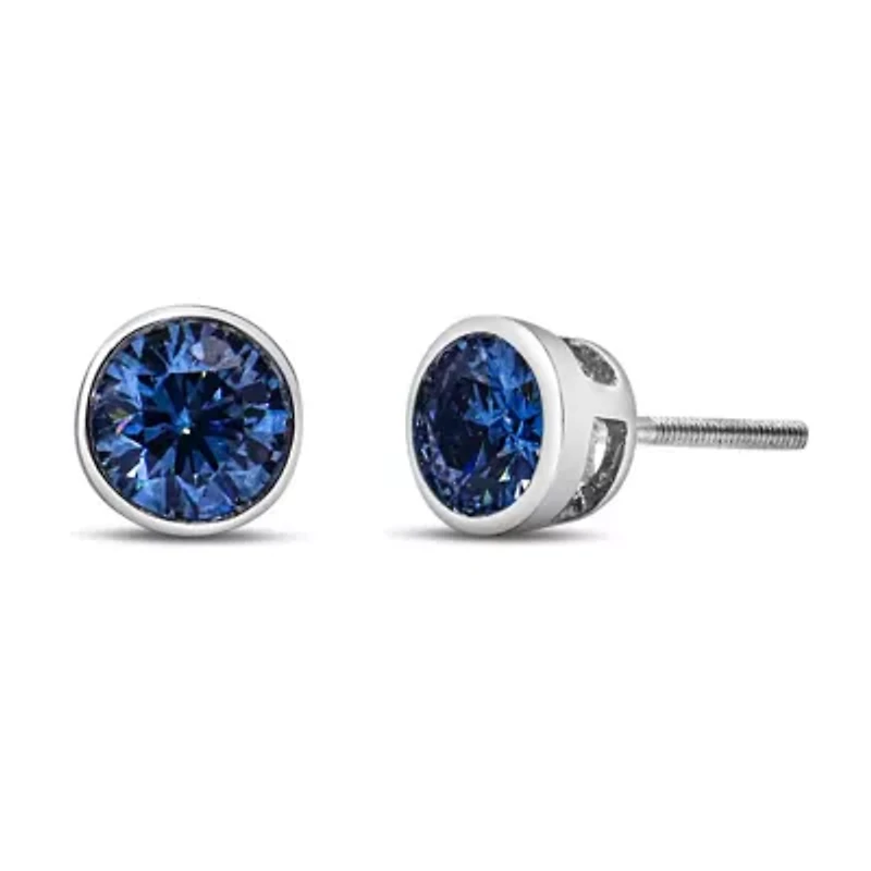 Lab Created 14K White Gold 1.0 Ct Blue Lab Grown Diamond Bezel Solitaire Stud Earrings
