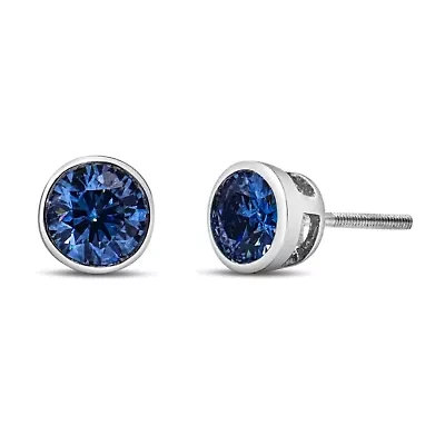 Lab Created 14K White Gold 1.0 Ct Blue Lab Grown Diamond Bezel Solitaire Stud Earrings