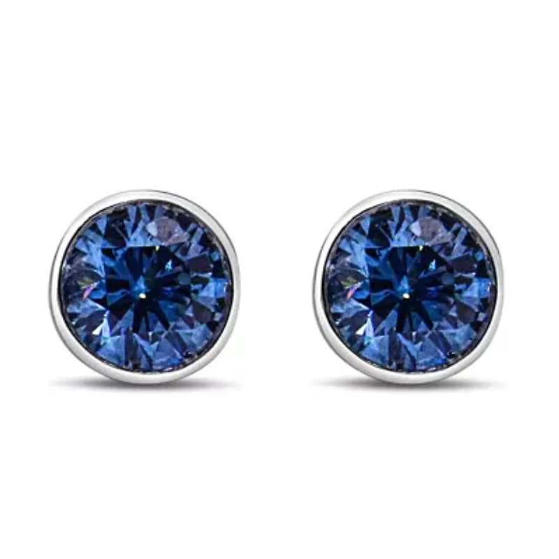 Lab Created 14K White Gold 1.0 Ct Blue Lab Grown Diamond Bezel Solitaire Stud Earrings