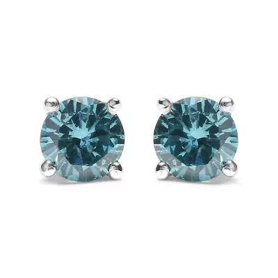 14K Gold 1/2 Ct Aqua Blue Diamond Stud Earrings