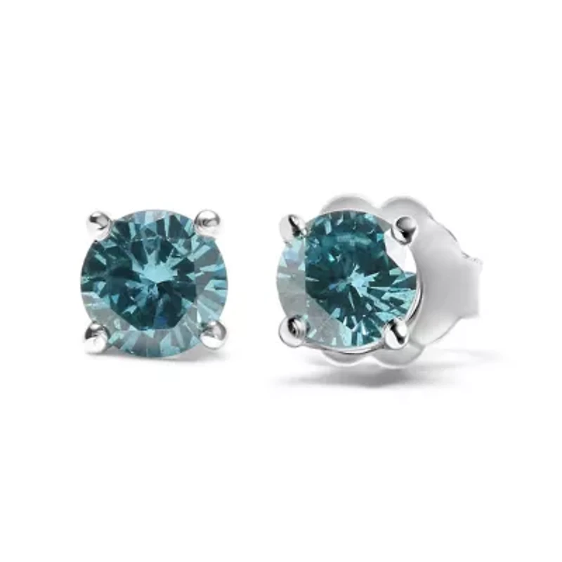 14K Gold 1/2 Ct Aqua Blue Diamond Stud Earrings