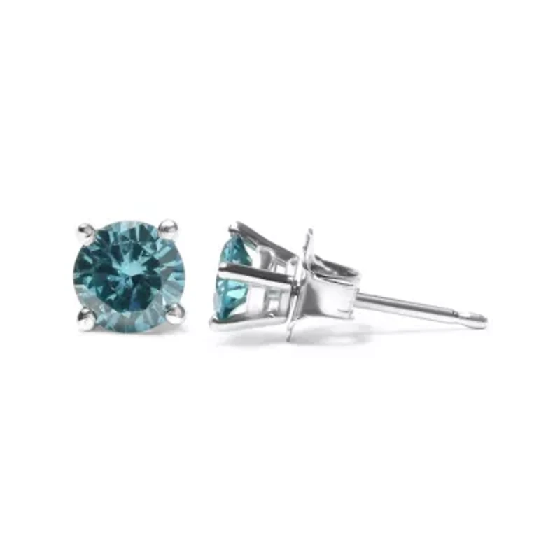 14K Gold 1/2 Ct Aqua Blue Diamond Stud Earrings