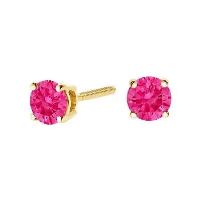 Lab Created 14K Yellow Gold 1.00 Cttw Round Brilliant Cut Lab Grown Pink Diamond 4-Prong Classic Solitaire Earrings