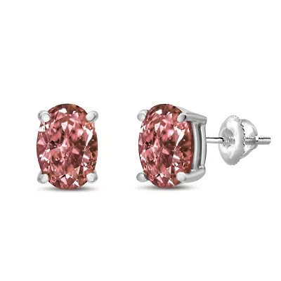Lab Created 14K White Gold 1.0 Ct Lab Grown Pink Oval Diamond Solitaire Stud Earrings