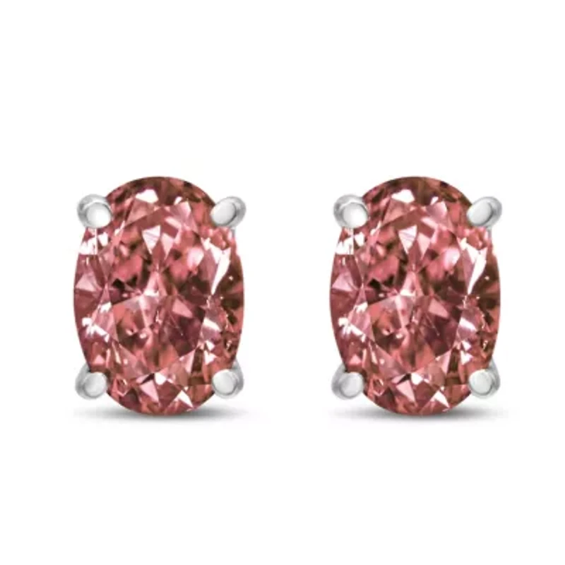 Lab Created 14K White Gold 1.0 Ct Lab Grown Pink Oval Diamond Solitaire Stud Earrings