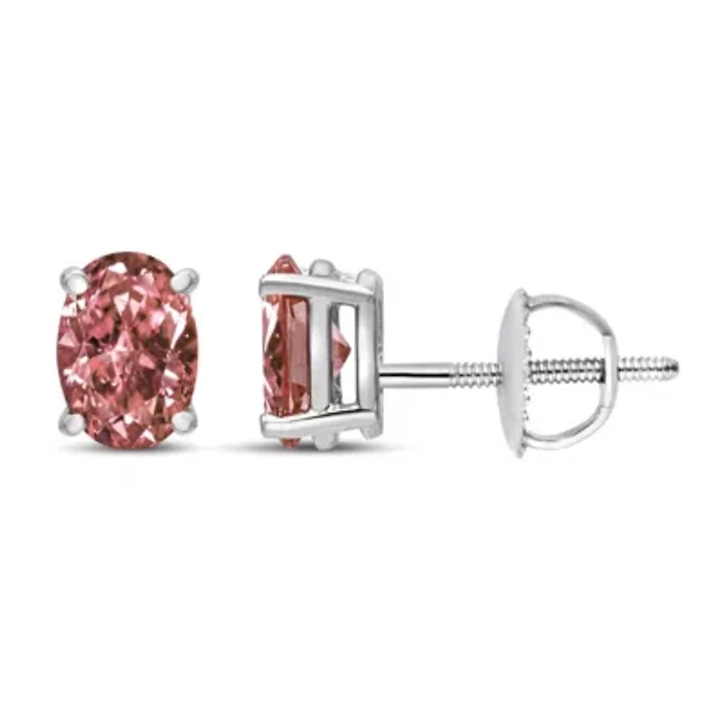 Lab Created 14K White Gold 1.0 Ct Lab Grown Pink Oval Diamond Solitaire Stud Earrings