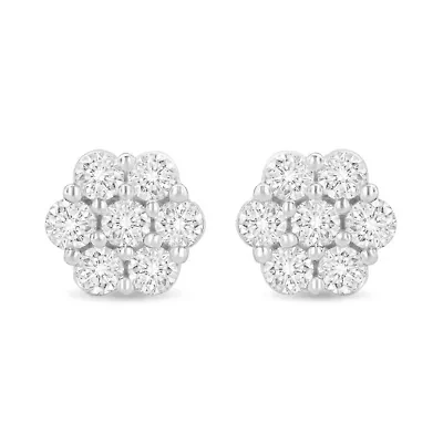 14K White Gold 1.0 Ct Prong RoundDiamond Floral Stud Earrings