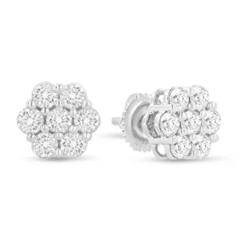 14K White Gold 1.0 Ct Prong RoundDiamond Floral Stud Earrings