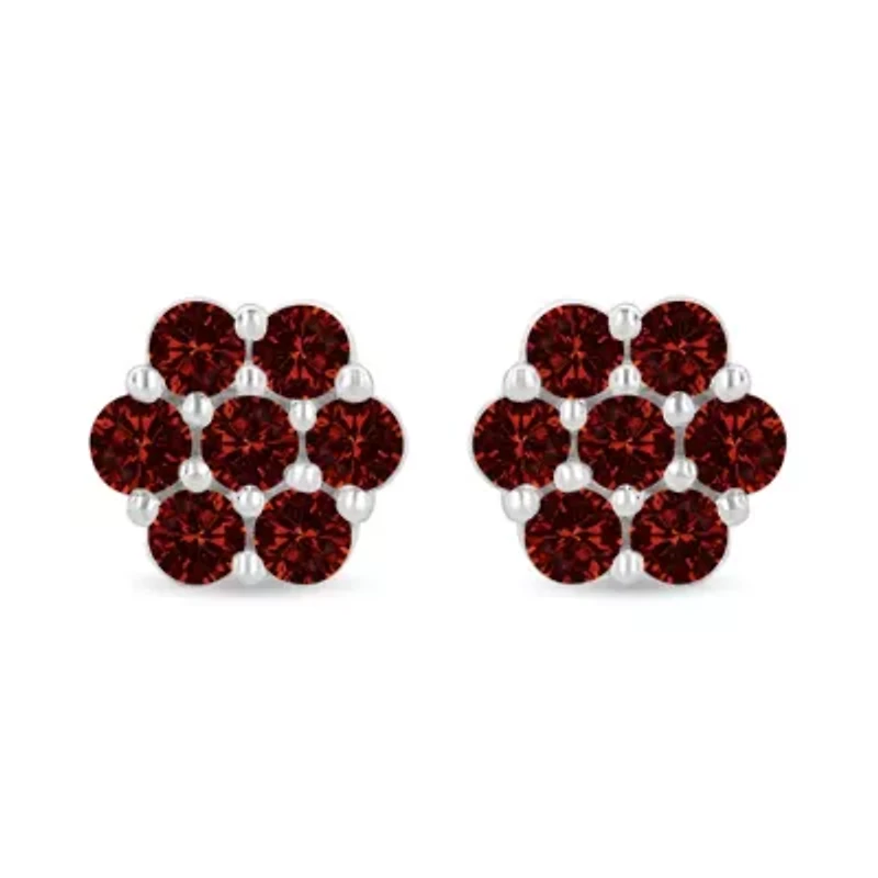 14K White Gold 1.0 Ct Red Diamond Prong 7 Stone Floral Stud Earrings