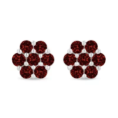 14K White Gold 1.0 Ct Red Diamond Prong 7 Stone Floral Stud Earrings