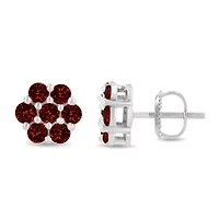 14K White Gold 1.0 Ct Red Diamond Prong 7 Stone Floral Stud Earrings