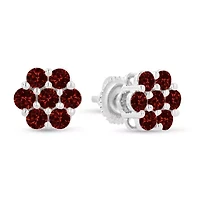 14K White Gold 1.0 Ct Red Diamond Prong 7 Stone Floral Stud Earrings