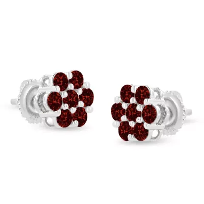 14K White Gold 1.0 Ct Red Diamond Prong 7 Stone Floral Stud Earrings
