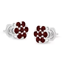 14K White Gold 1.0 Ct Red Diamond Prong 7 Stone Floral Stud Earrings