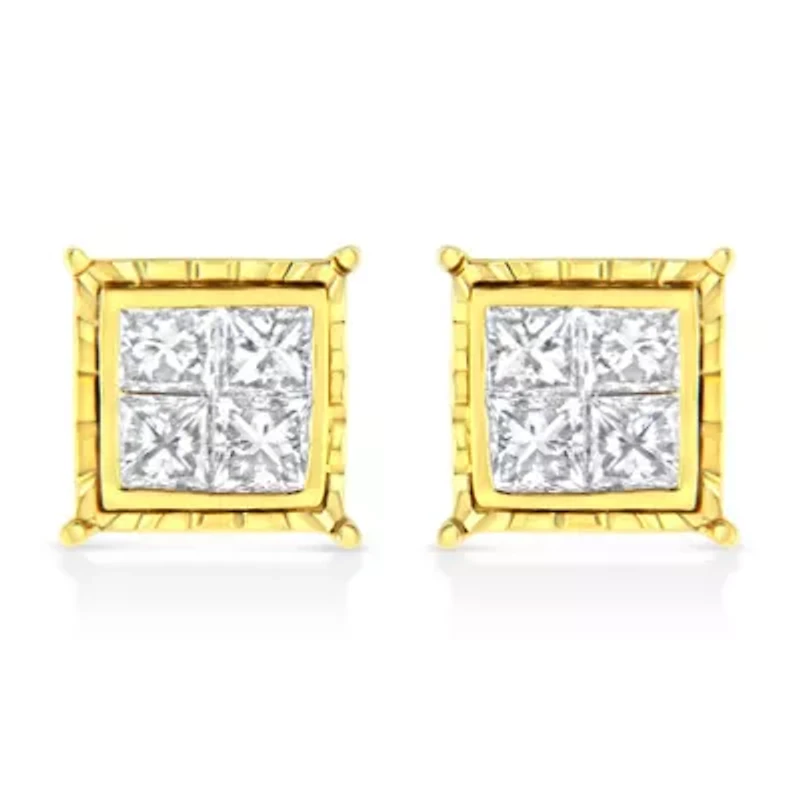 14K Yellow Gold 1.0 Ct Invisible Princess Composite 8 Stone Stud Earrings