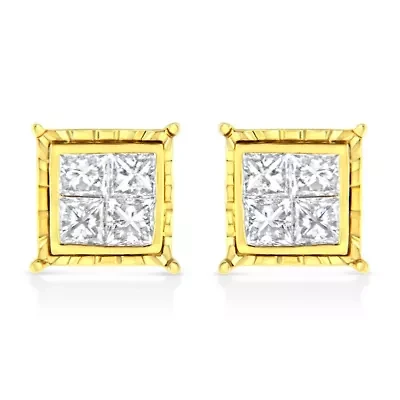 14K Yellow Gold 1.0 Ct Invisible Princess Composite 8 Stone Stud Earrings
