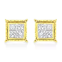 14K Yellow Gold 1.0 Ct Invisible Princess Composite 8 Stone Stud Earrings