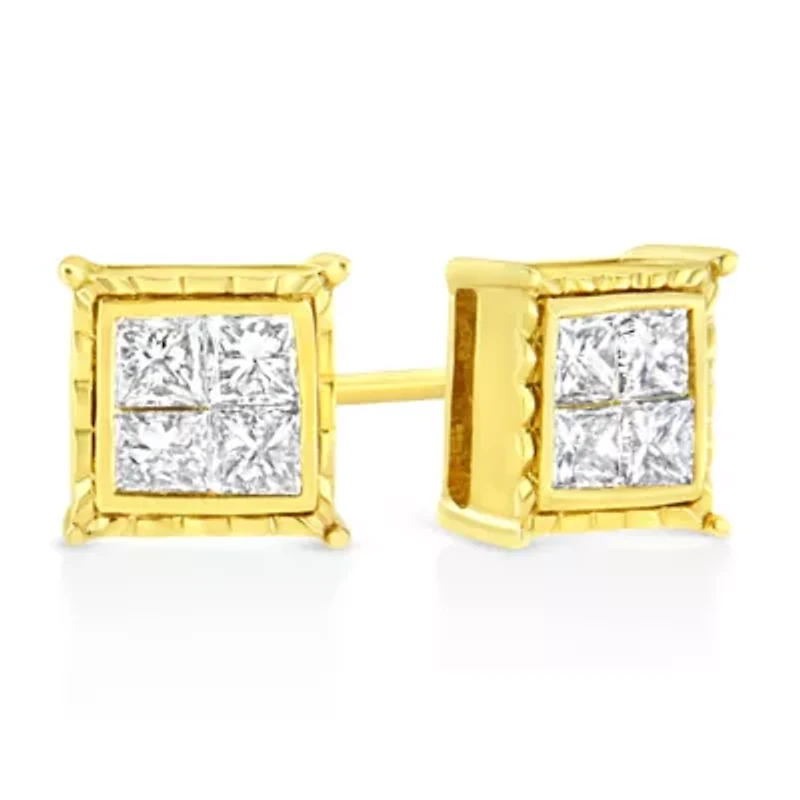 14K Yellow Gold 1.0 Ct Invisible Princess Composite 8 Stone Stud Earrings