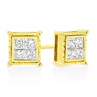 14K Yellow Gold 1.0 Ct Invisible Princess Composite 8 Stone Stud Earrings