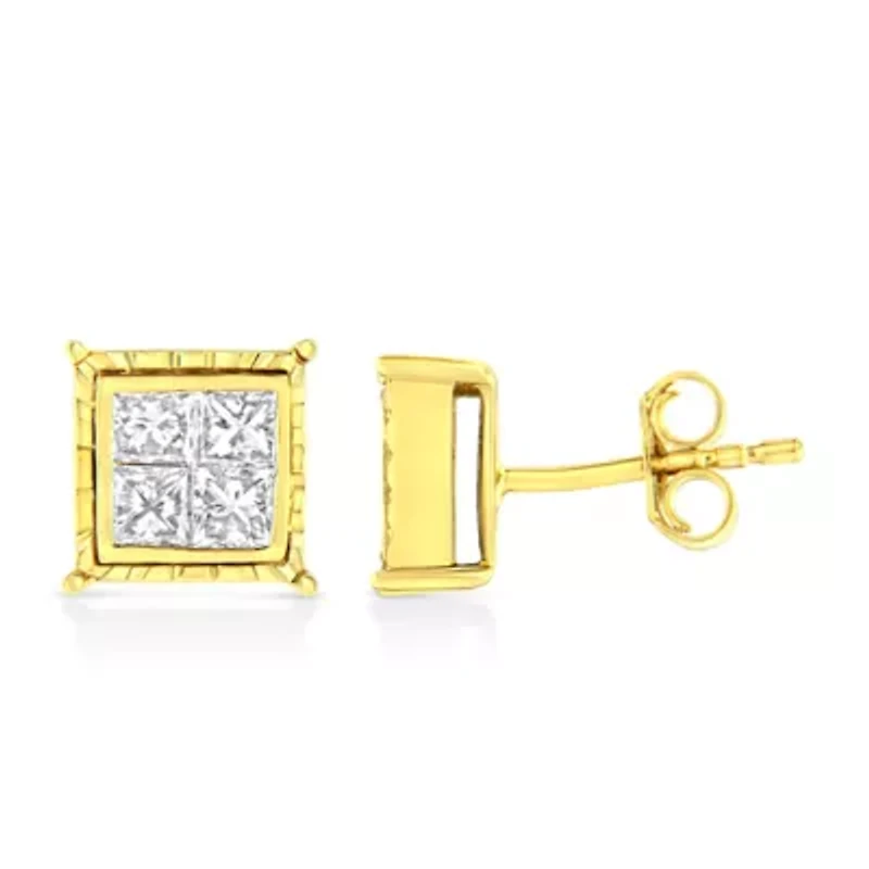 14K Yellow Gold 1.0 Ct Invisible Princess Composite 8 Stone Stud Earrings