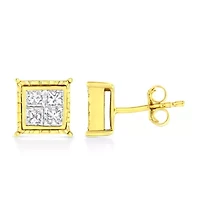 14K Yellow Gold 1.0 Ct Invisible Princess Composite 8 Stone Stud Earrings