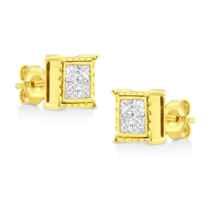 14K Yellow Gold 1.0 Ct Invisible Princess Composite 8 Stone Stud Earrings