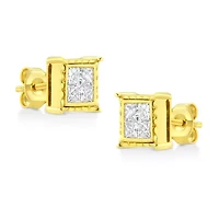 14K Yellow Gold 1.0 Ct Invisible Princess Composite 8 Stone Stud Earrings
