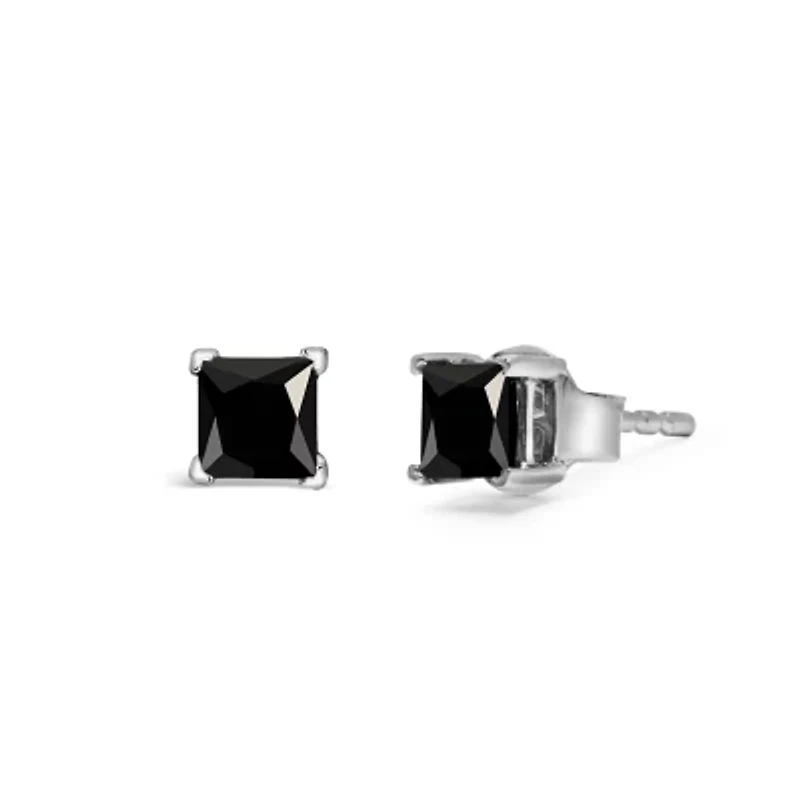 14K White Gold / Ct Princess Black Diamond Stud Earrings with Push Backs