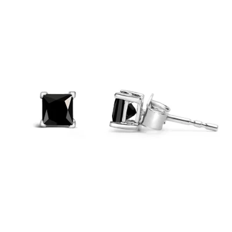 14K White Gold / Ct Princess Black Diamond Stud Earrings with Push Backs