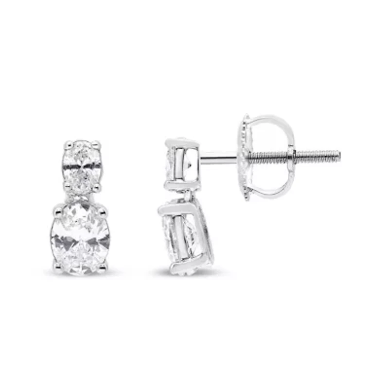 Lab Created 14K White Gold 1.0 Ct Oval Lab Grown Diamond 2 Stone Drop and Dangle Stud Earrings