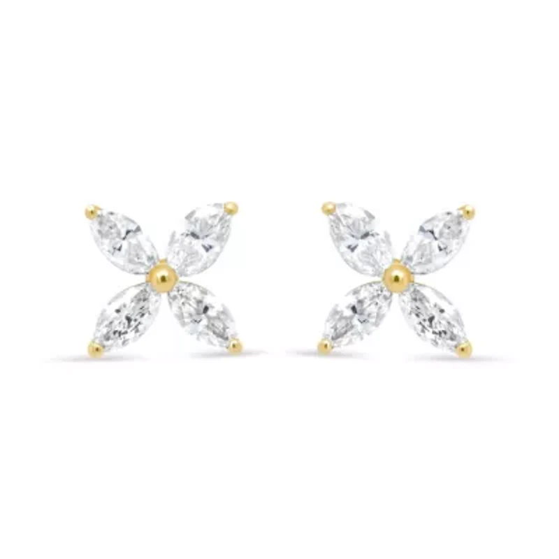 14K Yellow Gold 3/4 Ct Marquise Diamond 8 Stone Floral Leaf Stud Earrings