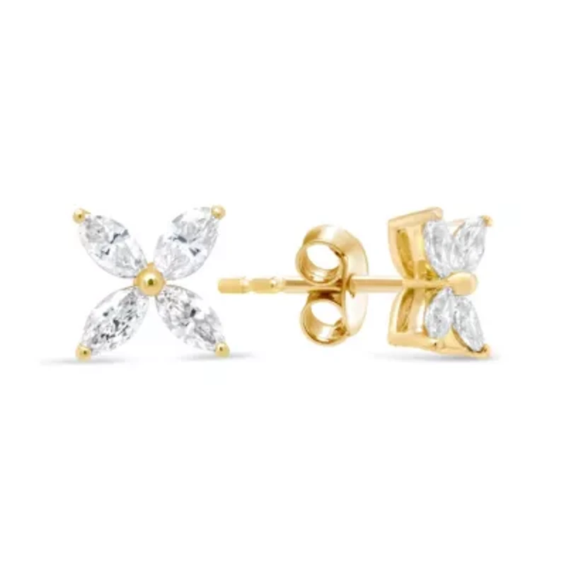 14K Yellow Gold 3/4 Ct Marquise Diamond 8 Stone Floral Leaf Stud Earrings