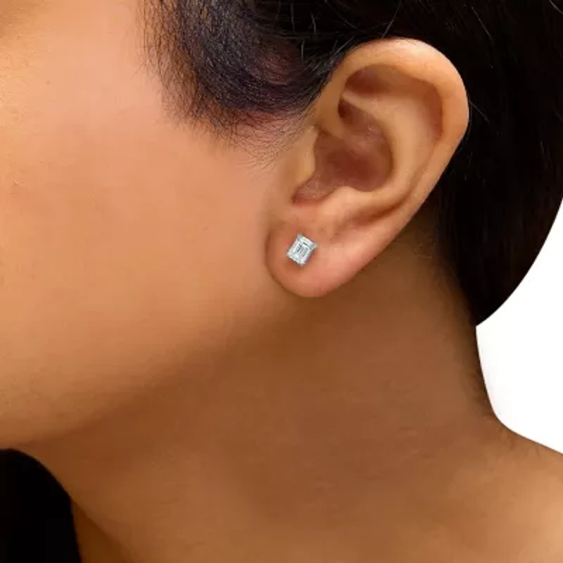 Lab Created 14K White Gold 1.0 Ct Emerald Lab-Grown Diamond Solitaire Stud Earrings