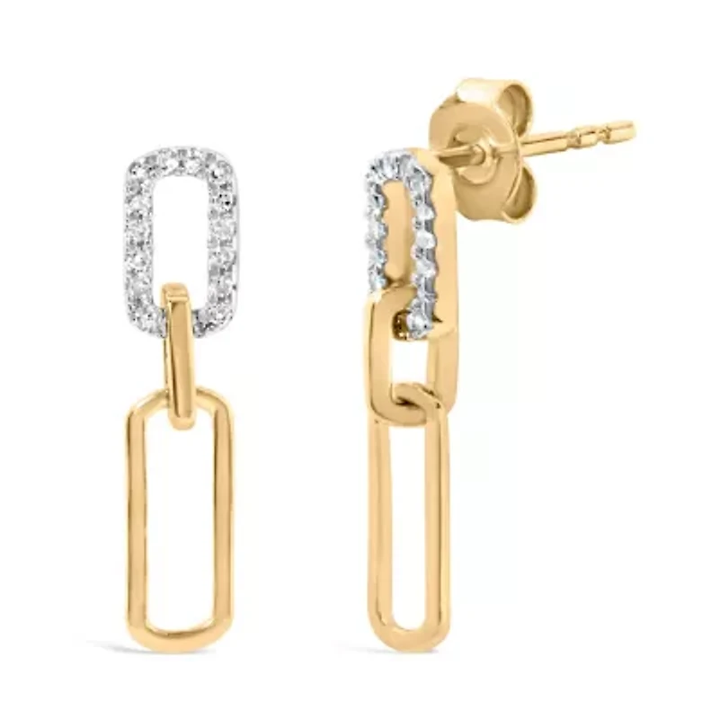 14K Yellow Gold 1/10 Ct Diamond Studded Paperclip Drop and Dangle Earrings