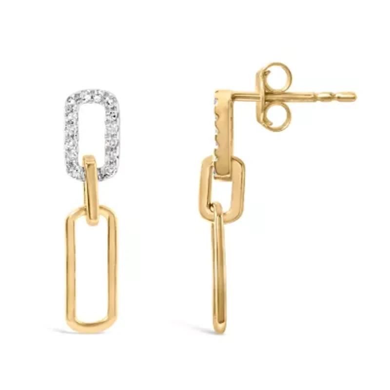 14K Yellow Gold 1/10 Ct Diamond Studded Paperclip Drop and Dangle Earrings