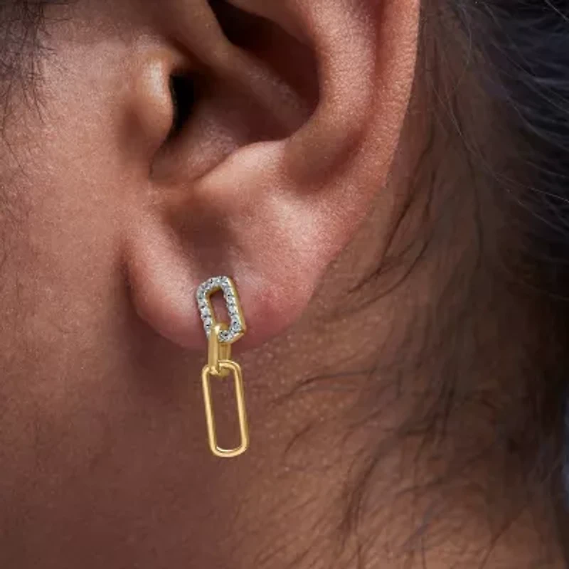 14K Yellow Gold 1/10 Ct Diamond Studded Paperclip Drop and Dangle Earrings