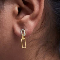 14K Yellow Gold 1/10 Ct Diamond Studded Paperclip Drop and Dangle Earrings