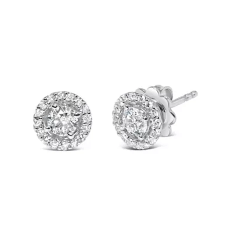 Lab Created 14K White Gold 3/4 Ct Lab Grown Diamond Solitaire With Halo Stud Earrings